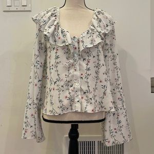 Tularosa white pink floral ruffle neck button down blouse shirt long sleeve top